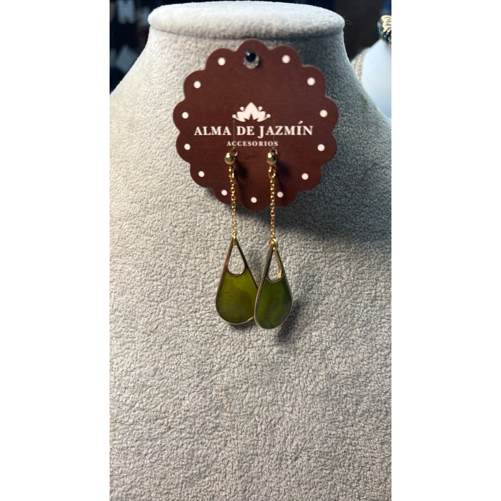 #50. Gold-tone Olive Green Dangle Earrings